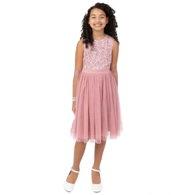 Afbeelding van Maya Deluxe Midi jurk voor meisjes, pailletten, feestjurk, tutu, bruidsmeisjes, bruiloft, met ceintuur, Vintage Roos, 7 8 jaar