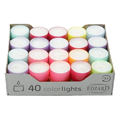 Afbeelding van EDZARD 40 theelichtjes Colorlights Summer (4 uur) in wit van paraffine theelicht voor glazen theelichtjes, nachtlampjes kaarsen &amp; verjaardagen, feestdagen en