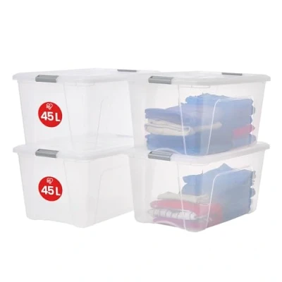 Afbeelding van Iris Ohyama, Set van 4 plastic opbergdozen met deksel, Grote stapelbare opbergdozen, 45L, BPA vrij, Wasserij, Kantoor, Transparant / zilveren handgrepen, B39 x D58 H30 cm