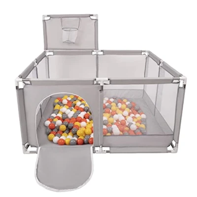 Afbeelding van Selonis kinderbox met mand en 100 ballen, grijs:geel/wit/grijs/oranje