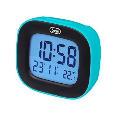 Afbeelding van Trevi SLD 3875, turquoise tafelklok met LCD display, weergave van tijd, kalender en temperatuur, wekker sluimerfunctie,