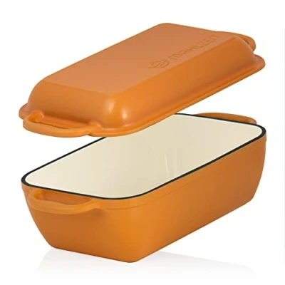 Afbeelding van Mahlzeit Gietijzeren braadpan met deksel, geëmailleerd, 4,8 liter, Sunny Orange, 2 in 1 braadpan, geschikt voor oven, inductie, dubbele eendenbraadpan, groot,