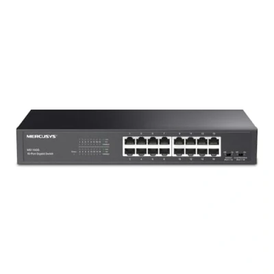 Afbeelding van TP Link Mercusys MS116GS Gigabit Switch 16 poorten, desktop of rekmontage, plug &amp; play, verkeersprioriteit, looppreventie, isolatiemodus, stille werking, metalen behuizing