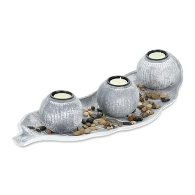 Afbeelding van Relaxdays theelichthouders met plateau &amp; steentjes, 50 cm lang, tafeldecoratie woonkamer, waxinelichthouders, grijs/wit