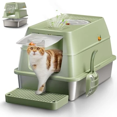 Afbeelding van XXL roestvrijstalen kattenbak, geurvrij, met deksel, grote kattenbak van roestvrij staal, gesloten kattentoilet, lekvrij en gemakkelijk te reinigen, groen