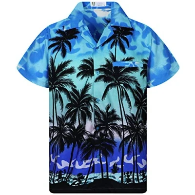 Afbeelding van V.H.O. Funky Hawaïhemd heren korte mouwen voorzak Hawaii print strand palmen diverse kleuren, Beach monoblauw, L