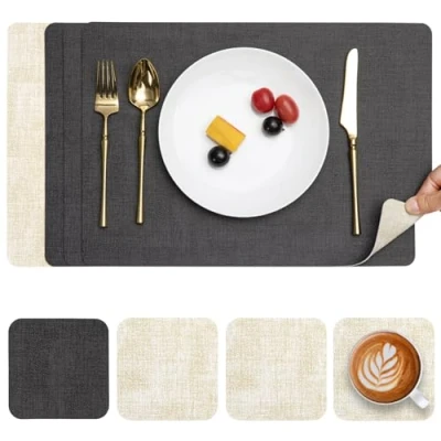 Afbeelding van Myir JUN Lederen Placemat en Onderzetters, Tafelmatten Waterdichte Afveegbare Dubbelzijdige Plaats Matten Koffiematten Antislip Wasbare Placemats Coaster (Grijs Wit, Sets 4)