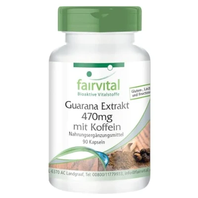 Afbeelding van Fairvital Guarana extract 470mg met cafeïne 90 capsules 3 maanden lang kwaliteit getest en hoog gedoseerd 100% veganistisch Made in Germany