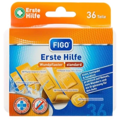 Afbeelding van Figo 1 x 36 stuks 1e hulp pleisters 5 verschillende klein en compact voor op reis of thuis