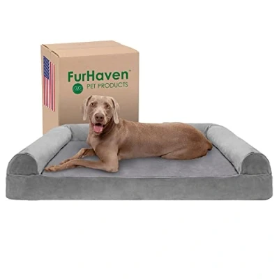 Afbeelding van FurHaven Cooling Gel hondenbed voor grote honden met afneembare kussens en wasbare hoes, tot 120 lbs imitatiebont fluwelen bank rookgrijs, Jumbo Plus/XXL