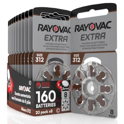 Afbeelding van 160 Rayovac hoortoestelbatterijen Extra 312 PR41 Bruin 20 blisters met 8 batterijen