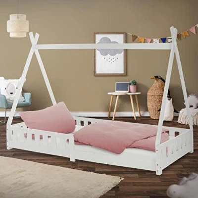 Afbeelding van ML Design kinderbed Tipi 90x200 cm wit met uitvalbeveiliging en lattenbodem, gemaakt van grenen hout, indianenbed massief hout voor meisjes jongens, huisbed hek kinderhuisje speelbed