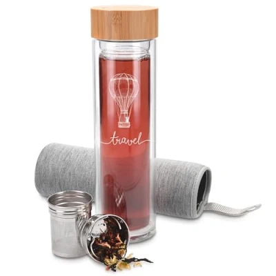 Afbeelding van Navaris glazen theefles met filter 450 ml Waterfles van glas Dubbelwandige drinkfles Fles bamboe dop, thee infuser en hoes Travel design