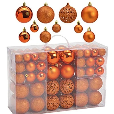 Afbeelding van WOMA Kerstboomballen set in 14 kerstkleuren 50 &amp; 100 kerstballen oranje koper van kunststof goud, zilver, rood brons/koper enz. kerstboomdecoratie