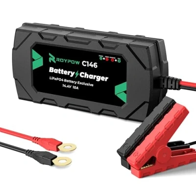 Afbeelding van RoyPow 12V LiFePO4 Lithium batterijlader 14.4V 10 Amp Trickle Charger Maintainer met Alligator Clamp en Ring Terminal