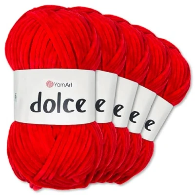 Afbeelding van Frida&#039;s Wollhaus YarnArt 5 x 100 g Dolce Chenille wol garen breien haken amigurumi 52 kleuren (748, vuurrood)