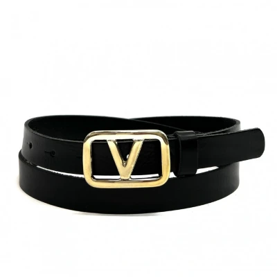 Afbeelding van Zwarte Leren Riem Gouden V Gesp Trendy Dames Riemen Maat 85 Zwart