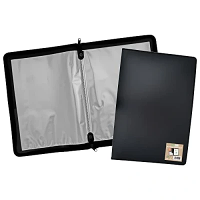Afbeelding van eco A2 50% gerecycleerd 30 Pocket Zwart Rits Presentatie Display Book, File Folder, Artwork Portfolio met Plastic Sleeves, eco092