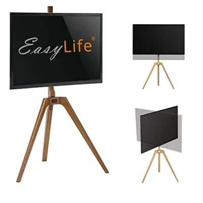 Afbeelding van EasyLife TV statief houten ezel tripod Studio stand tot 65 inch &amp; 40 kg televisie/monitor, draaibaar, in hoogte verstelbaar, kabelbeheer, VESA 400x400 (wit/notenhout)