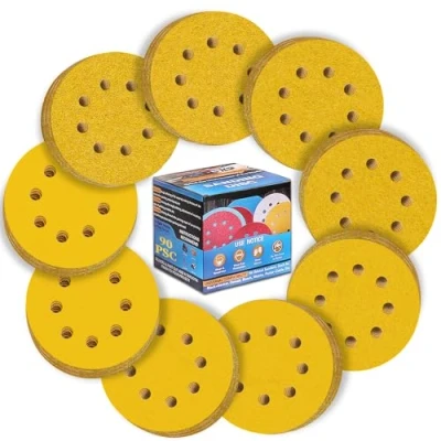 Afbeelding van ALPXUXP schuurschijven 125 mm 90stuks klittenband schuurpapier rond 8 gaten goudgeel schuurpads voor excentrische schuurmachine (met korrel P40/P60/P80/P120/P150/P240/P320/P400/P600 x10)