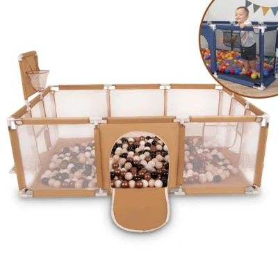 Afbeelding van Selonis Babybox, groot formaat, speelmat, met 400 ballen, voor kinderen, beige, ballen: pastelbeige/koper/wit/zwart