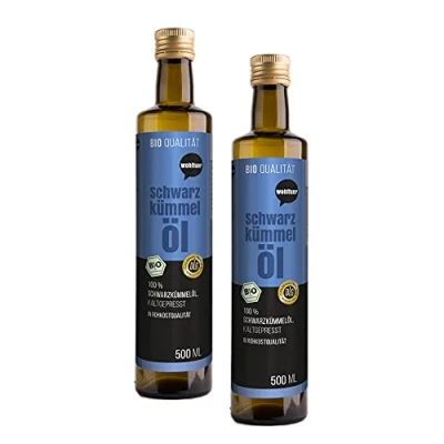 Afbeelding van Wohltuer Biologische zwarte komijnolie 1 l (2 x 500 ml) voorzichtig koudgeperst, gefilterd, mild en rijk aan onverzadigde vetzuren