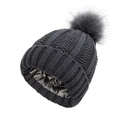 Afbeelding van TOEECY Wintermutsen voor vrouwen Pom Beanie Hoed Satijn Gevoerd Faux Bont Mutsen Warm Kabel Gebreide Hoeden Bescherm Kapsel Zachte Bobble Dames, Donkergrijs, One size