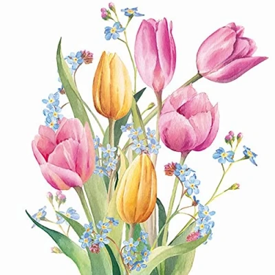 Afbeelding van 20 servetten, tulpen in delicate kleuren, tafeldecoratie, decoupage, servettechniek 33 x cm