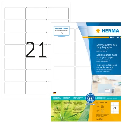 Afbeelding van Herma 10822 Adresetiketten van gerecycled papier, A4, 63,5 x 38,1 mm,