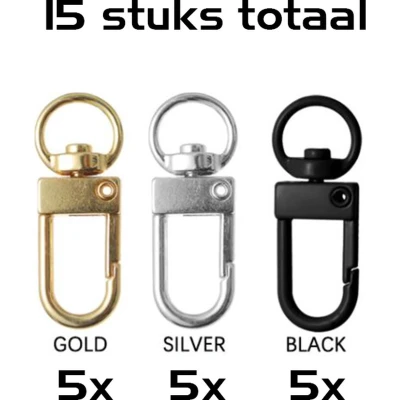 Afbeelding van DW4Trading Mini Karabijnhaken Sleutelhangers Zwart, Zilver en Goud Aluminium 15 Stuks