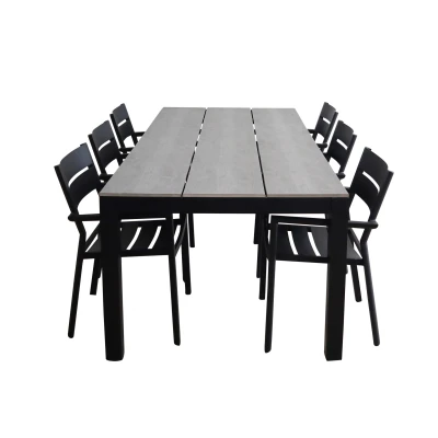 Afbeelding van 4 Seizoenen Tuinmeubelen 7 delige tuinset 6 Delia stapelbare tuinstoelen (Black) 225cm Cyprus tuintafel (Grey)