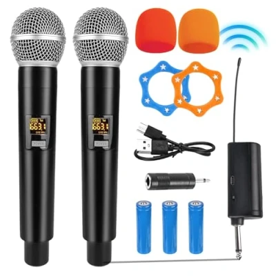 Afbeelding van HOSPAOP draadloze microfoon, dubbele microfoonset met oplaadbare ontvanger, UHF microfoon voor karaoke, bruiloft, feest, lezing, zang