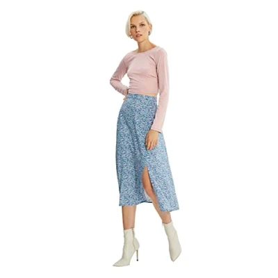 Afbeelding van Trendyol Camelkleurige Midi Geweven Rok Van Viscose Met Splitdetail En Bloemenpatroon Twoss20Et0230