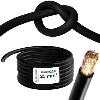 Afbeelding van EBROM HI FLEX 3 meter zeer flexibele batterijkabel aardkabel zwart 25mm2 25 mm² mm2 volledig koper 99,9% OFC koperen stroomkabel uw lengte: