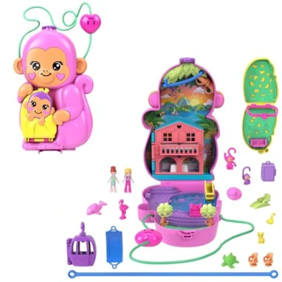 Afbeelding van Polly Pocket Poppen en speelset met huisdieren 13 accessoires, 2 in 1 draagbare tas Moederaap Baby, dierenspeeltje, HWP04