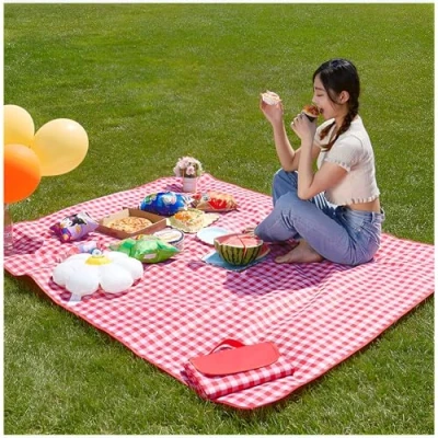 Afbeelding van TFSZE picknickdeken 150 x 200 cm, picknickkleed met handvat, waterdichte achterkant, opvouwbaar, picknickmat voor strand, park, rood geruit)
