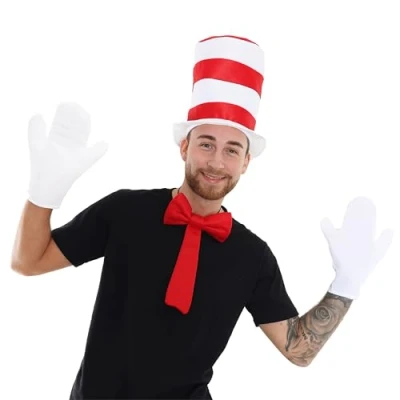 Afbeelding van ILOVEFANCYDRESS DELUXE VOLWASSENEN KATHOED FANCY JURK KOSTUME ACCESSOIRES SET ROOD &amp; WIT STREEPHOED + GROTE HANDSCHOENEN RODE BOW TIE BOEK WEEK FILM KARAKTER