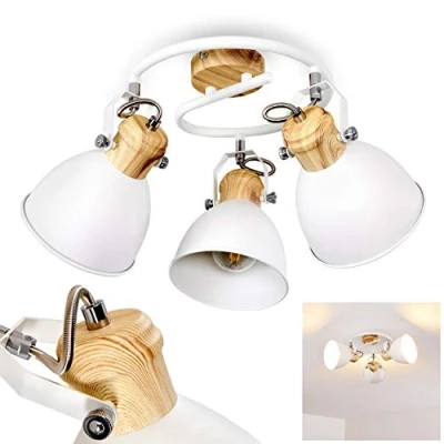 Afbeelding van plafondlamp Banjul, ronde van metaal in wit/houtoptiek, 3 lamp, met verstelbare spots, x E27 fitting, spiraal retro/vintage design, zonder gloeilampen