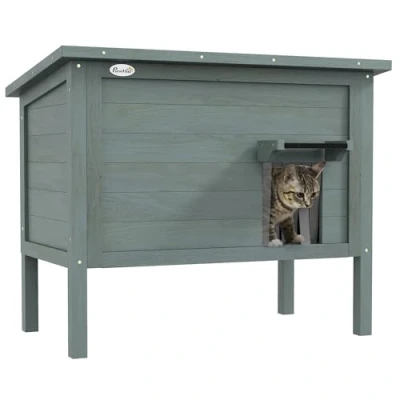 Afbeelding van PawHut Kattenhuis voor buiten, van verhoogd hout, met open dak, geïsoleerd asfaltdak, 85 x 50 68,5 cm, donkergrijs en zwart