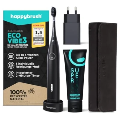 Afbeelding van happybrush Eco Vibe 3 Elektrische tandenborstel, starterset, sonische tandenborstel met 6 weken power accu, incl. actieve kool tandpasta en reisetui, zwart