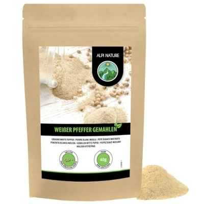 Afbeelding van witte peper gemalen (40g), 100% natuurlijk, uiteraard zonder toevoegingen, vegan, peperkorrels