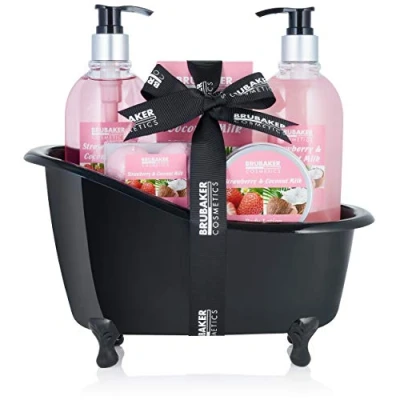 Afbeelding van BRUBAKER Cosmetics Bad en Doucheset Cadeautip Vrouw Aardbei Kokosnoot in Decoratieve Badkuip Verwenpakket Cadeau Geschenkset Zwart 9 stuks Moederdag cadeautje