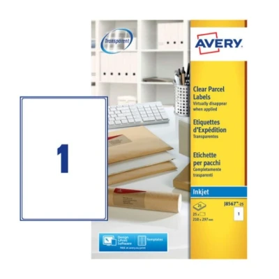 Afbeelding van Etiket Avery J8567 25 210x297mm A4 transparant 25stuks