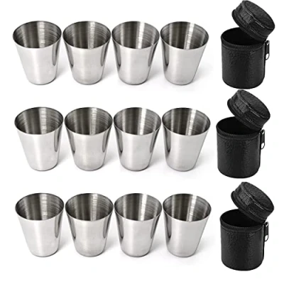 Afbeelding van 12 stuks Flachmann Beker, Roestvrij Stalen Stapelbare Borrelbeker met Leren Tas, Drinkbeker Staal, Draagbaar, Metalen Ideaal Cadeau voor De Heupfles