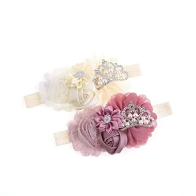 Afbeelding van Nishine Baby doophoofdband voor kleine kinderen, meisjes, stof, bloem, tiara, stretch, elastisch, in paren (kind, ivoor/stofbrosa)