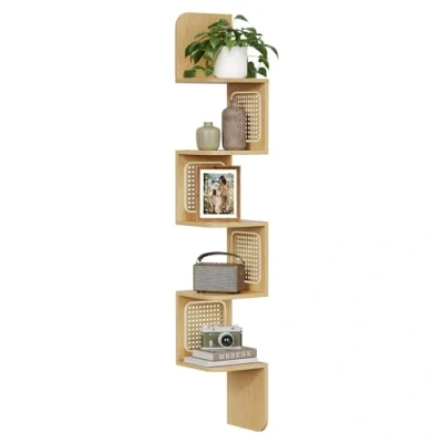 Afbeelding van VASAGLE Hoekplank, Wandplank 5 Niveaus Zwevende Plank Wandgemonteerde Zigzagvorm PVC Rotan Zijpanelen Ruimtebesparend voor Keuken Slaapkamer Woonkamer Boho Stijl Eiken Beige LLS582Y57