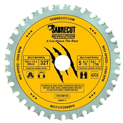 Afbeelding van 1 x SabreCut SCCSM136_32 136 mm 32T 20 16 boring multifunctioneel metaal hout plastic cirkelzaagblad compatibel met Bosch Dewalt Makita Milwaukee en vele anderen