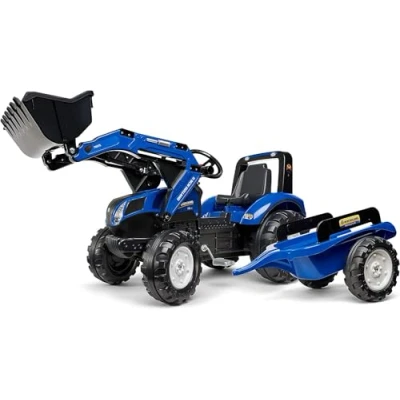 Afbeelding van Falk New Holland T8 Met Frontlader en Aanhanger Blauw/Zwart Vanaf 3 Jaar Kunststof 195 x 58 68 cm Slijtvaste Wielen Verstelbaar Zitje
