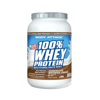 Afbeelding van Body Attack Chocolate Brownie 100% Whey Proteïne, 900 g, Made in Germany, extra romig eiwitpoeder met hydrolysaat en BCAA&#039;s, ondersteunt spieropbouw diëten, voor sporters atleten