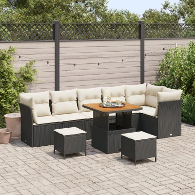 Afbeelding van vidaXL 9 delige tuinset met kussens in zwart poly rattan en acaciahout